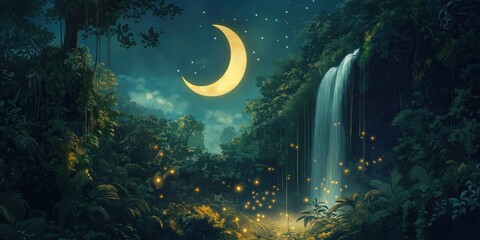 Wall Mural - Forest scene with a large yellow moon and a waterfall
