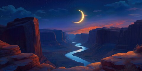 Wall Mural - Computer generated image of a river with a large crescent moon in the sky