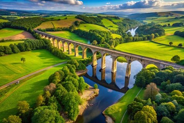 Wall Mural - Aerial View of Arthington Viaduct Overlooking the Scenic River Wharfe in West Yorkshire Surrounded by Lush Greenery and Rolling Hills on a Clear Day