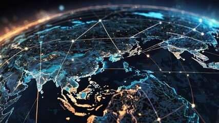 Poster - Digital map of Asia, concept of global network and connectivity, data transfer and cyber technology, business exchange, information and telecommunication, 4k image