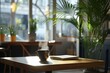 © Bold24 - A modern, cozy cafe with warm, ambient lighting, wooden furniture, and minimalist design with cup of coffee