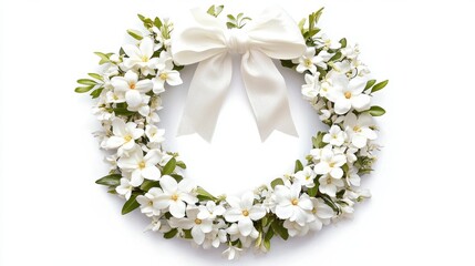 Wall Mural - a beautiful white floral wreath with an elegant bow, designed as a wedding or festive decoration on 