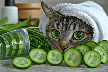 Wall Mural - cat with cucumber