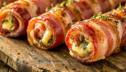 Wall Mural - Delicious bacon rolls stuffed with cheese and thyme resting on wooden cutting board