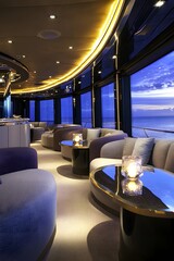 Poster - Luxury yacht lounge with plush seating, modern lighting, and expansive windows for a serene and comfortable ocean experience.