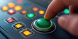 © AbsoluteAi - Hand pressing green button. A close-up of a hand pressing a green button on a control panel, surrounded by colorful lights and buttons, suggesting activation or control.