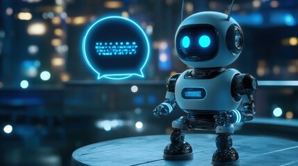 Poster - Cute robotic character with glowing eyes and speech bubble indoors