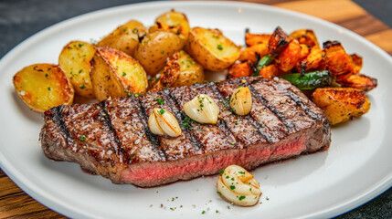 Wall Mural - Grilled new york strip loin steak with roasted potatoes, butternut squash, and garlic