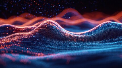 Poster - Abstract Digital Waves with Glowing Particles in Dark Background