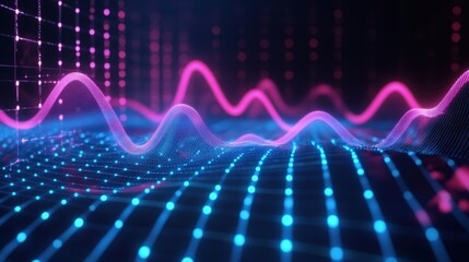 Poster - Vibrant Digital Waves with Neon Blue and Pink Light Patterns
