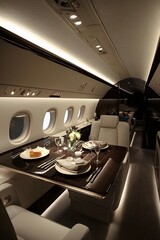 Poster - Minimalist private jet dining area with sleek table design, ambient lighting, and plush seating for an elegant in-flight experience.