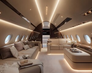 Poster - Minimalist private jet interior with neutral tones and sleek finishes. Spacious and elegant design with soft lighting for a modern in-flight experience.