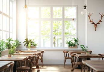 Wall Mural - Sunlit Cafe Interior With Wooden Tables And Chairs