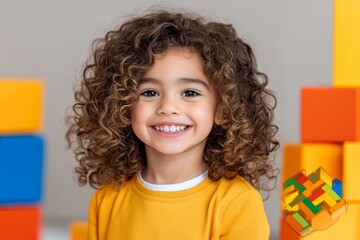 Poster - A bright and cheerful kindergarten classroom with colorful decorations, students playing with building blocks, and a teacher engaging with them