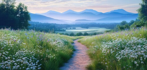 Wall Mural - A serene meadow trail with wildflowers and a view of distant mountains under a soft morning light. The scene feels peaceful and timeless.