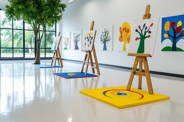 Poster - A bustling art classroom filled with colorful supplies, students painting on easels, and a teacher offering guidance