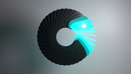 Poster - abstract 3d render of a circular structure unfolding, revealing a bright light source and dynamic sh