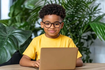 Fototapete - A child learning to code on a small laptop, with colorful educational programs displayed on the screen