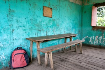 Poster - A classroom during recess, with desks slightly askew, a forgotten backpack, and a teacher tidying up