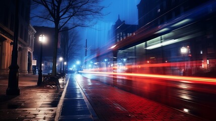 Wall Mural - A stunning urban night scene captured with a long exposure. The background is soft, and the subject is positioned on the right. Ambient Light creates a soft glow, generative ai illustration