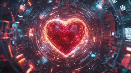Poster - Futuristic Heart Symbol in Cybernetic Digital Environment