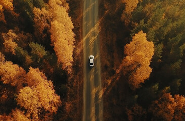 Aufkleber - Scenic autumn landscape featuring a lonely car on a winding road surrounded by vibrant trees