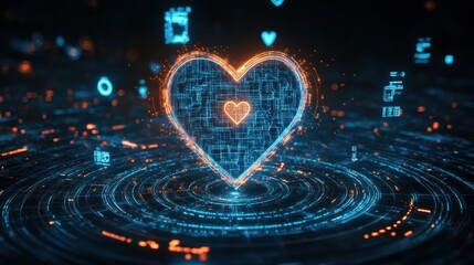 Poster - Futuristic Heart Shape with Digital Elements and Glowing Effects