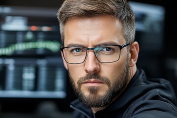 Poster - A cybersecurity expert working on a computer with a dark interface, monitoring real-time data and alerts