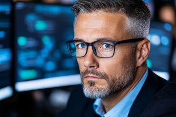 Poster - A cybersecurity expert working on a computer with a dark interface, monitoring real-time data and alerts
