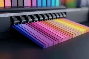 Poster - A dynamic image of CMYK swatches being compared under natural and artificial light in a printing room