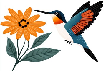 Aufkleber - A flat design of a hummingbird hovering near a flower, with vibrant colors and clean lines