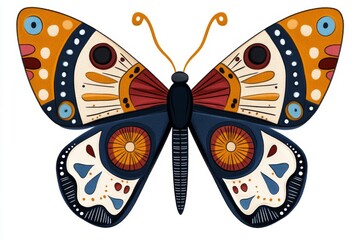 Poster - A flat, geometric depiction of a butterfly with clean lines and vibrant pastel colors on a white background