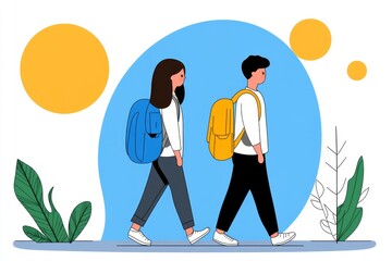 Poster - A flat vector design of a couple walking together, surrounded by simple geometric shapes in pastel tones
