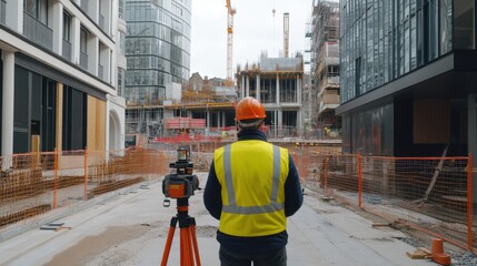 Poster - Surveyor with Equipment Overseeing Construction Site Progress