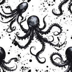 Sticker - Seamless Octopus Pattern with Ink Blots seamless, pattern, background, texture