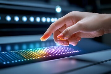 Aufkleber - A futuristic depiction of CMYK swatches glowing as holographic cards, hovering above a sleek digital worktable