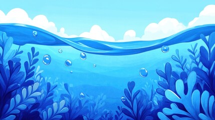 Wall Mural - vibrant underwater scene featuring blue water and aquatic plants with bubbles, creating a serene aqu