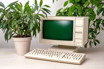 Aufkleber - A retro computer from the 1980s, with a monochrome green screen, floppy disks, and a chunky keyboard