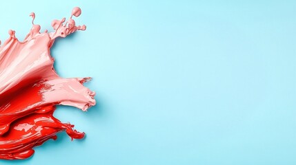 Wall Mural - Red and pink paint splash on a light blue background, vibrant and dynamic art element.