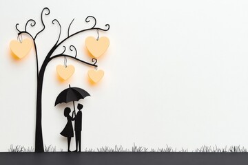 Poster - A simple design of a couple standing under a single umbrella, drawn in monochrome, with light rain droplets
