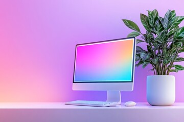 Poster - A sleek modern desktop computer on a minimalist desk, with a glowing screen displaying a vibrant interface