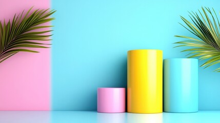 Wall Mural - Colorful cylindrical shapes in vibrant pastel colors against a soft background with green palm leaves.