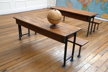 Poster - A traditional classroom with wooden desks and benches, an old globe on the teacher desk, and a large map on the wall