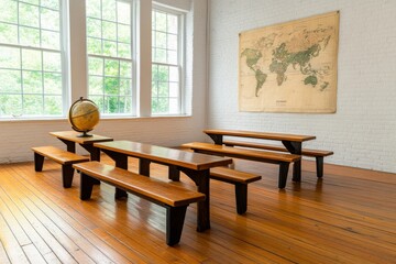 Poster - A traditional classroom with wooden desks and benches, an old globe on the teacher desk, and a large map on the wall