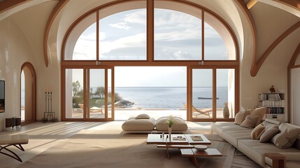 Poster - Elegant living room interior design featuring vaulted ceilings, soft beige walls, and floor-to-ceiling arched glass doors opening to a sea view.