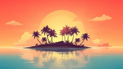 Wall Mural - Tropical island silhouette at sunset with vibrant colors and reflections in calm water.