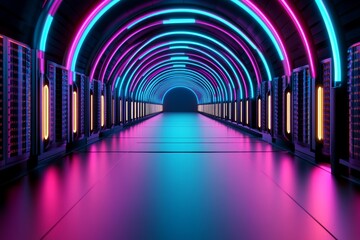 Aufkleber - Bright neon blue and pink illuminated server blocks in a futuristic data center, forming a digital corridor of advanced database technology Realistic 3D vector illustration