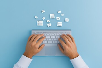 Aufkleber - Close-up of hands typing on a keyboard with holographic document symbols and check mark overlays, emphasizing efficient digital approval on a glowing blue background