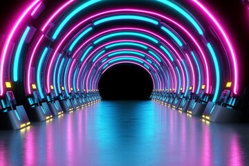 Poster - Digital data center featuring rows of glowing neon server stacks, blending pink and blue light into a modern technological tunnel Realistic 3D vector illustration