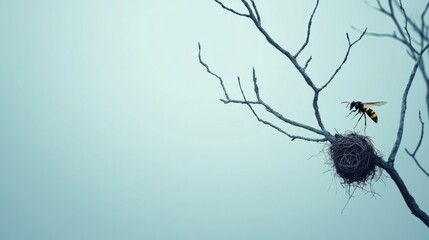 Wall Mural - Wasp near a nest on a bare tree, minimalist background